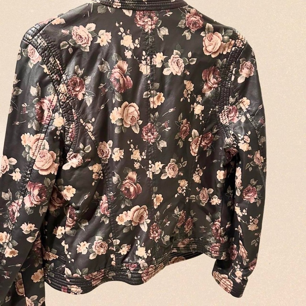 Brown floral leather biker jacket - Picture 3 of 5